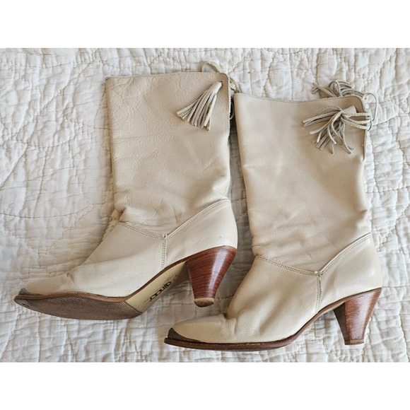 Vintage 80s Dingo Acme Women Boots 7M Ivory Leather Western Tassel Original Box - Picture 1 of 16